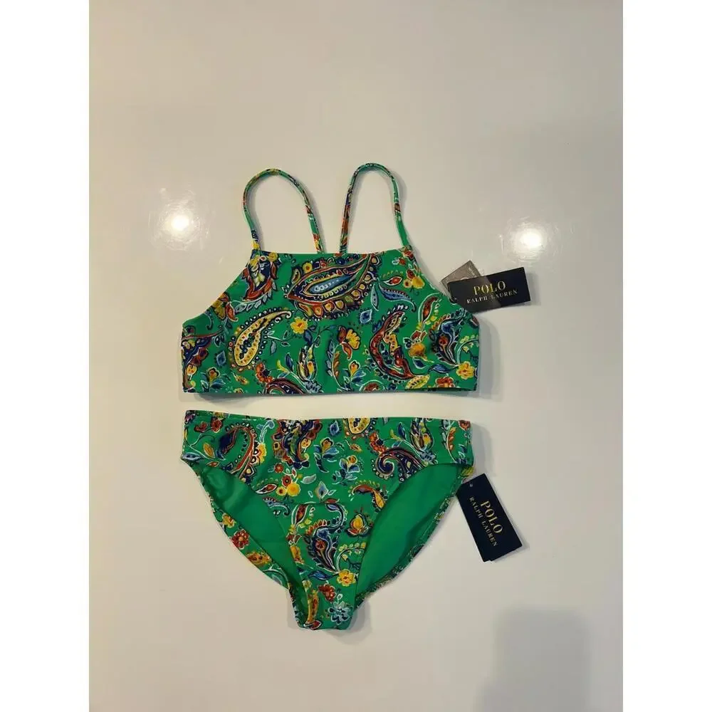 Polo Ralph Lauren Paisley-Print  2-Piece Swimsuit LGirls Green Multi Size 14